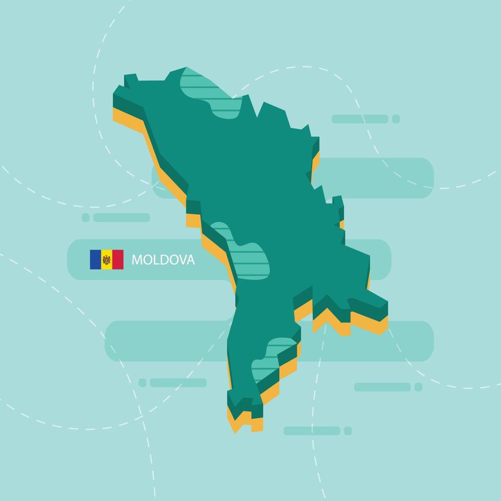 3d vector map of Moldova with name and flag of country on light green background and dash.