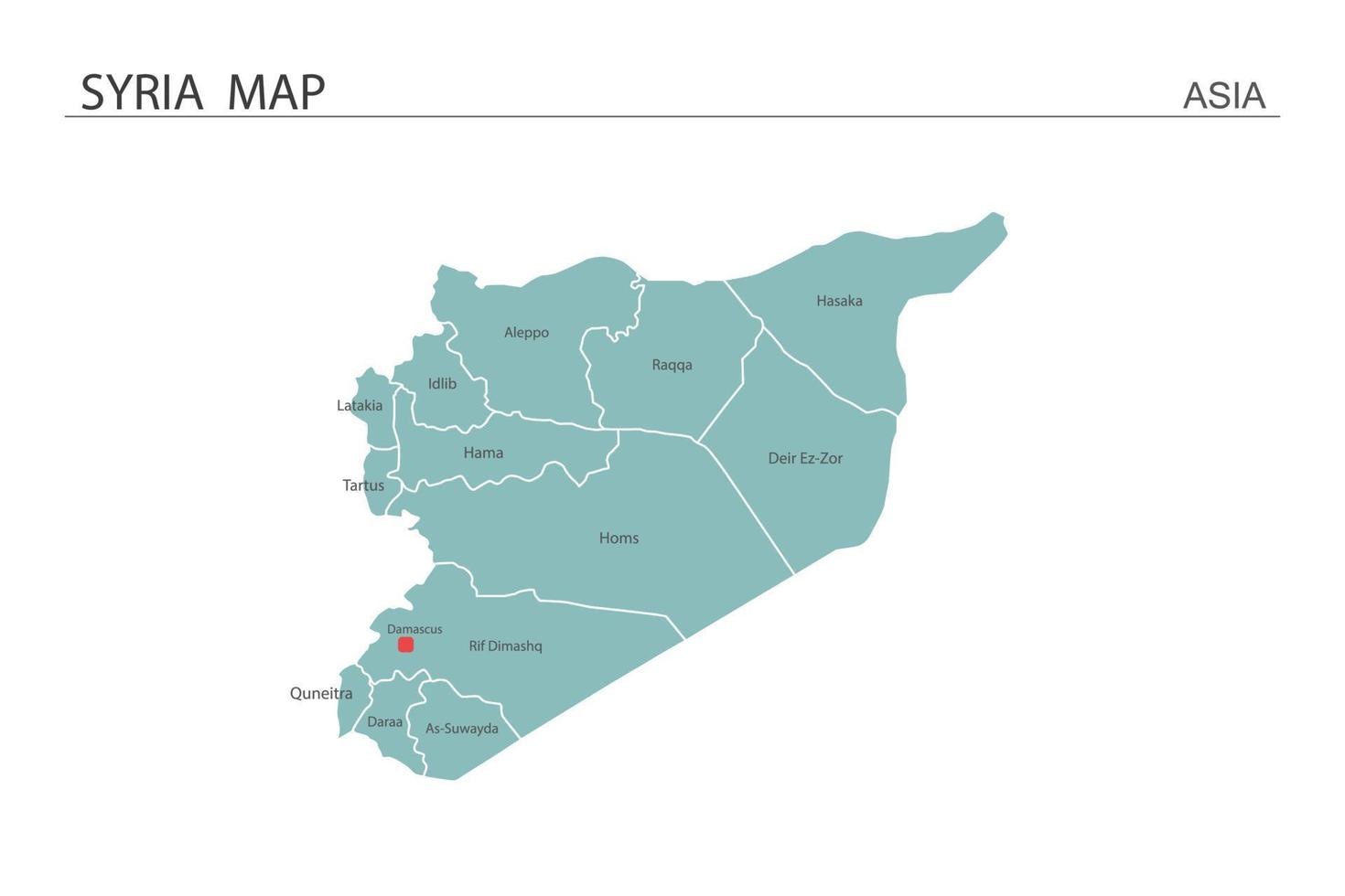 Siria mapa ilustración vectorial sobre fondo blanco. el mapa tiene toda la provincia y marca la ciudad capital de siria. vector