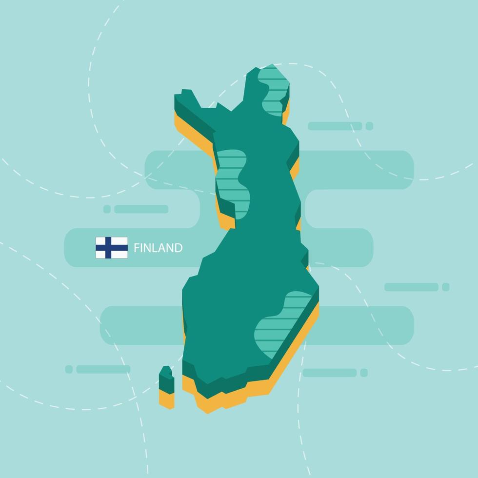 3d vector map of Finland with name and flag of country on light green background and dash.