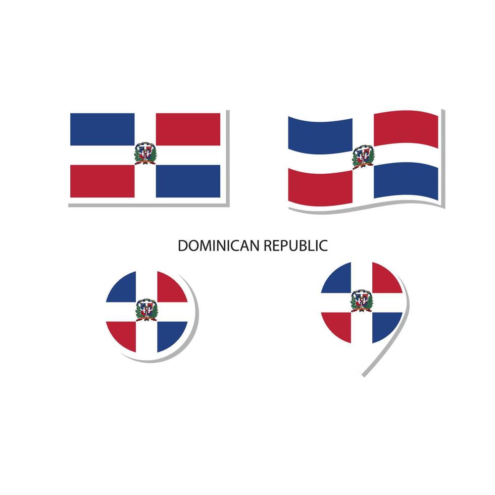 conjunto de iconos del logotipo de la bandera de la república dominicana, iconos planos rectangulares, forma circular, marcador con banderas. vector