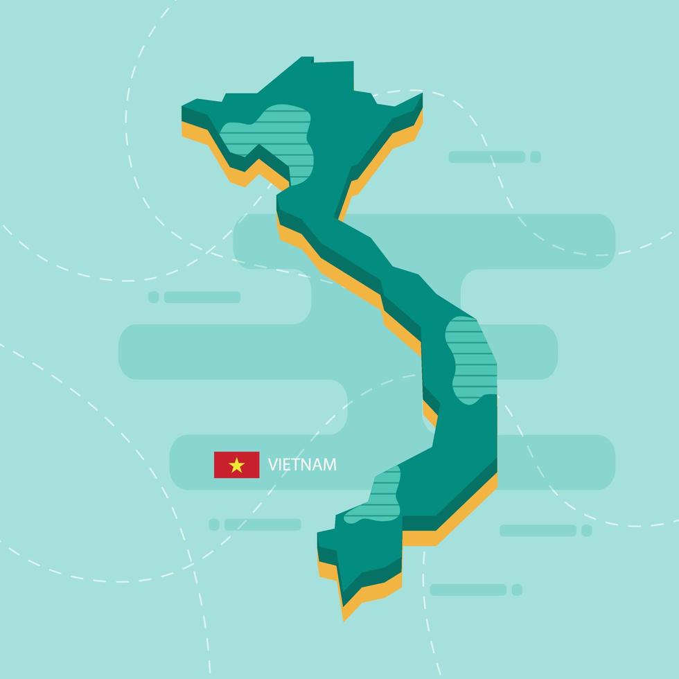 Mapa vectorial 3d de vietnam con nombre y bandera del país sobre fondo verde claro y guion. vector