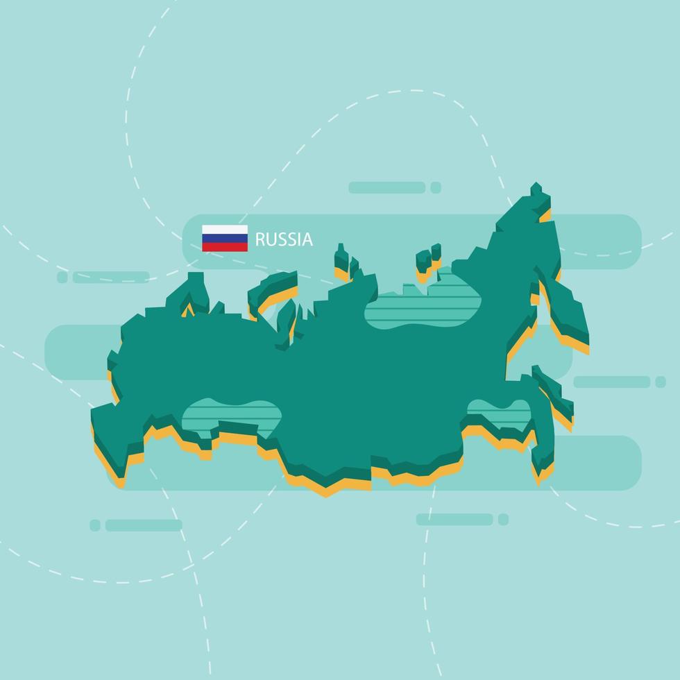 3d vector map of Russia with name and flag of country on light green background and dash.