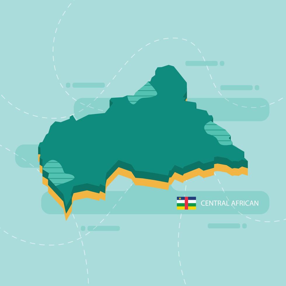 3d vector map of Central African with name and flag of country on light green background and dash.