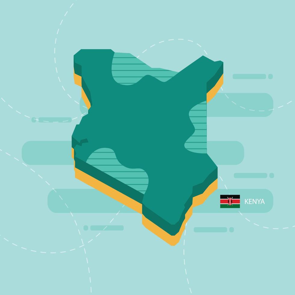 Mapa vectorial 3D de Kenia con nombre y bandera del país sobre fondo verde claro y guión. vector