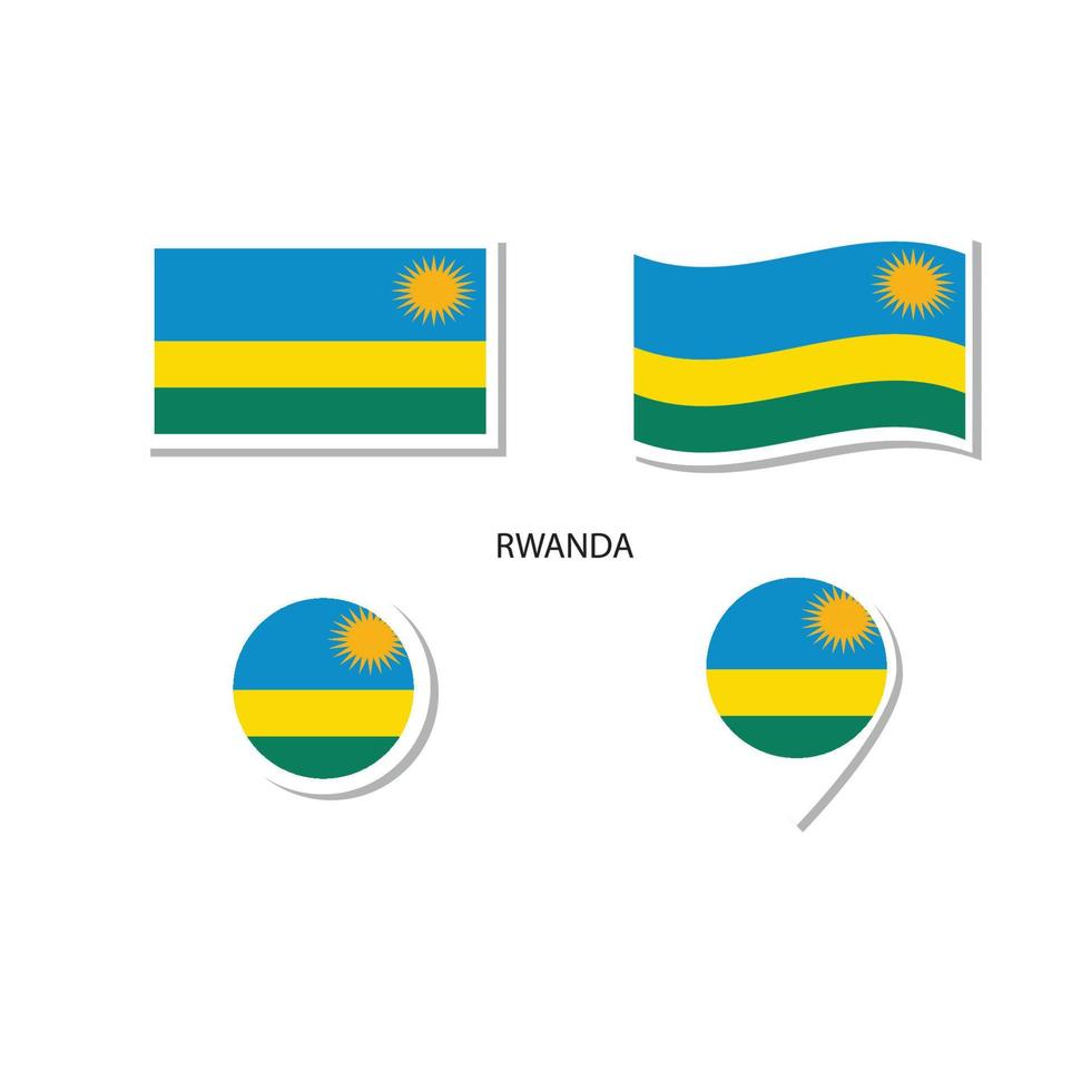 Rwanda flag logo icon set, rectangle flat icons, circular shape, marker with flags. vector