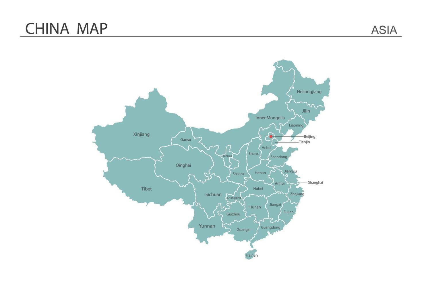 Ilustración de vector de mapa de China sobre fondo blanco. el mapa tiene toda la provincia y marca la ciudad capital de china.