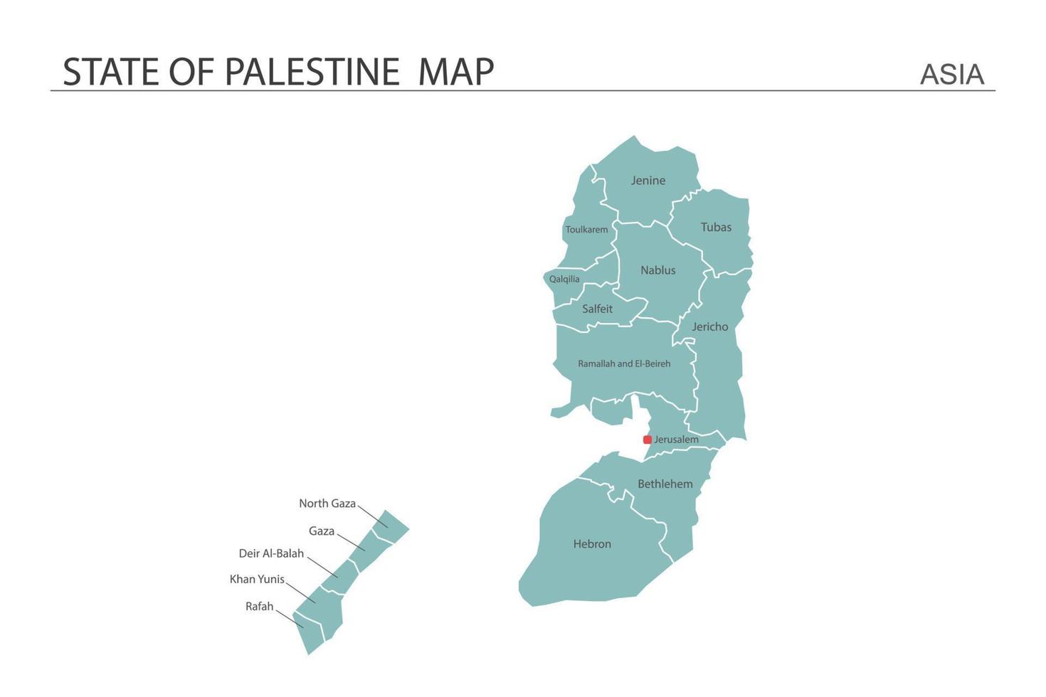 mapa del estado de palestina. el mapa tiene toda la provincia y marca la ciudad capital del estado de palestina. vector