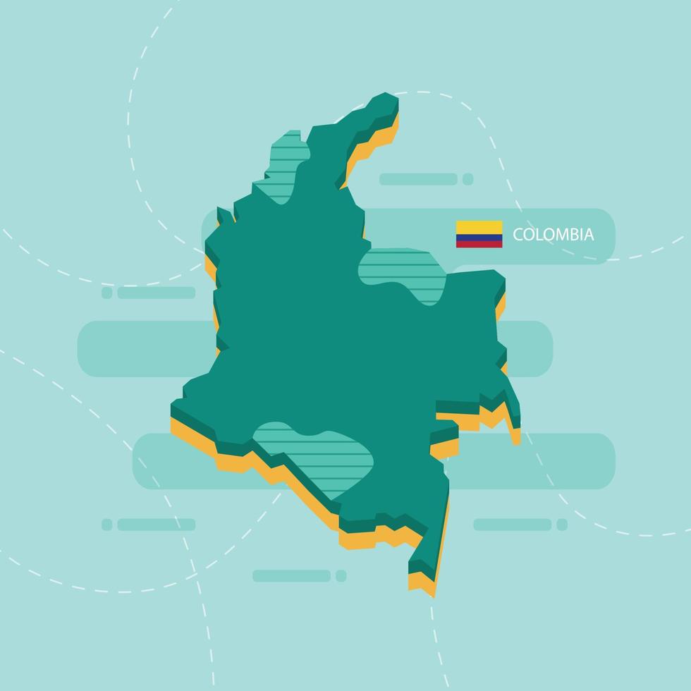 Mapa vectorial 3d de colombia con nombre y bandera del país sobre fondo verde claro y guion. vector