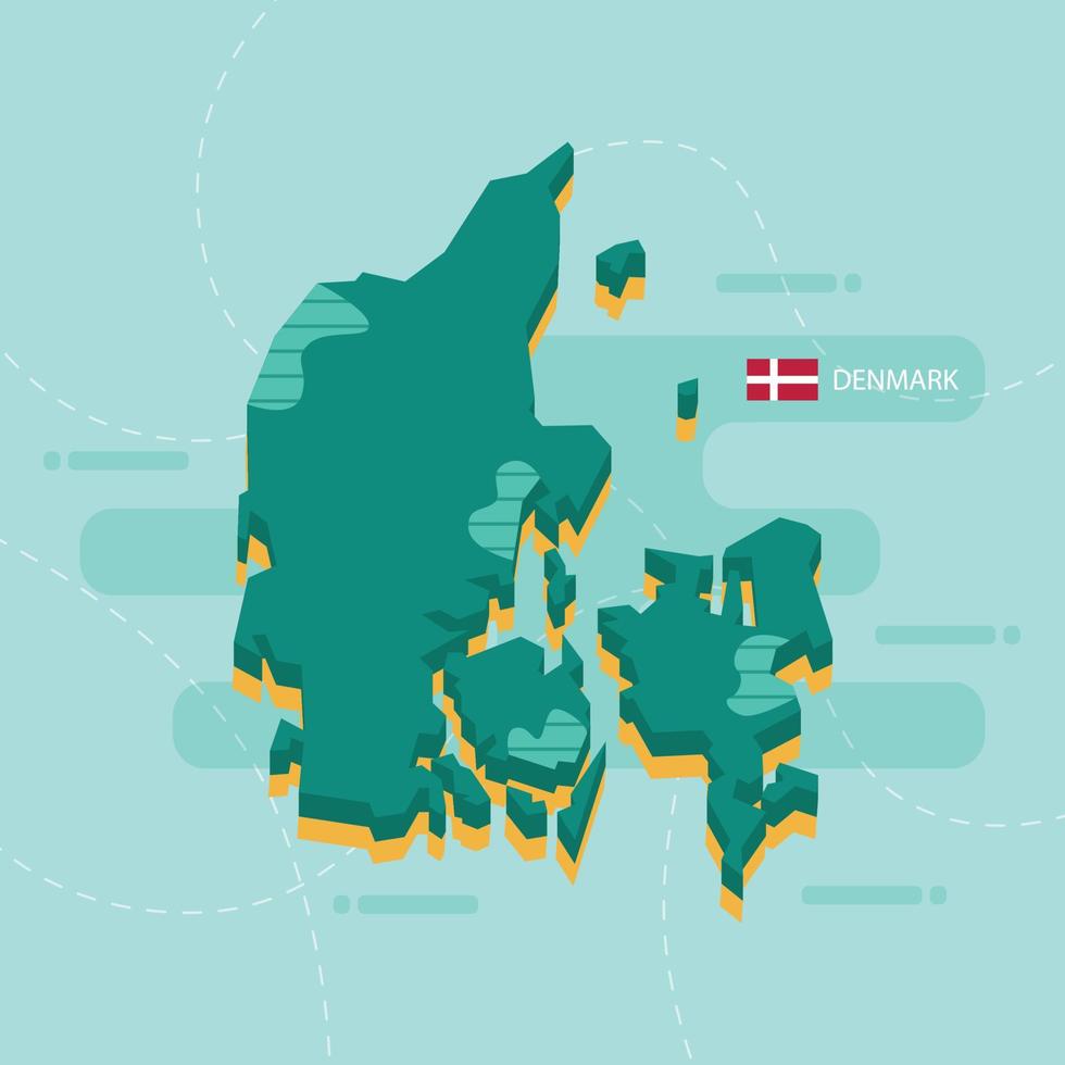 3d vector map of Denmark with name and flag of country on light green background and dash.