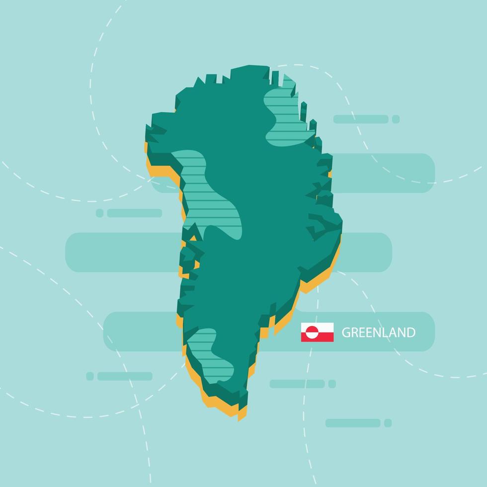 3d vector map of Greenland with name and flag of country on light green background and dash.