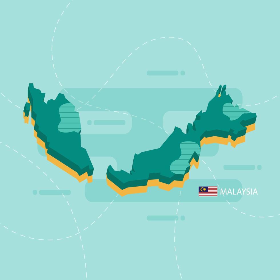 Mapa vectorial 3d de malasia con nombre y bandera del país sobre fondo verde claro y guion. vector