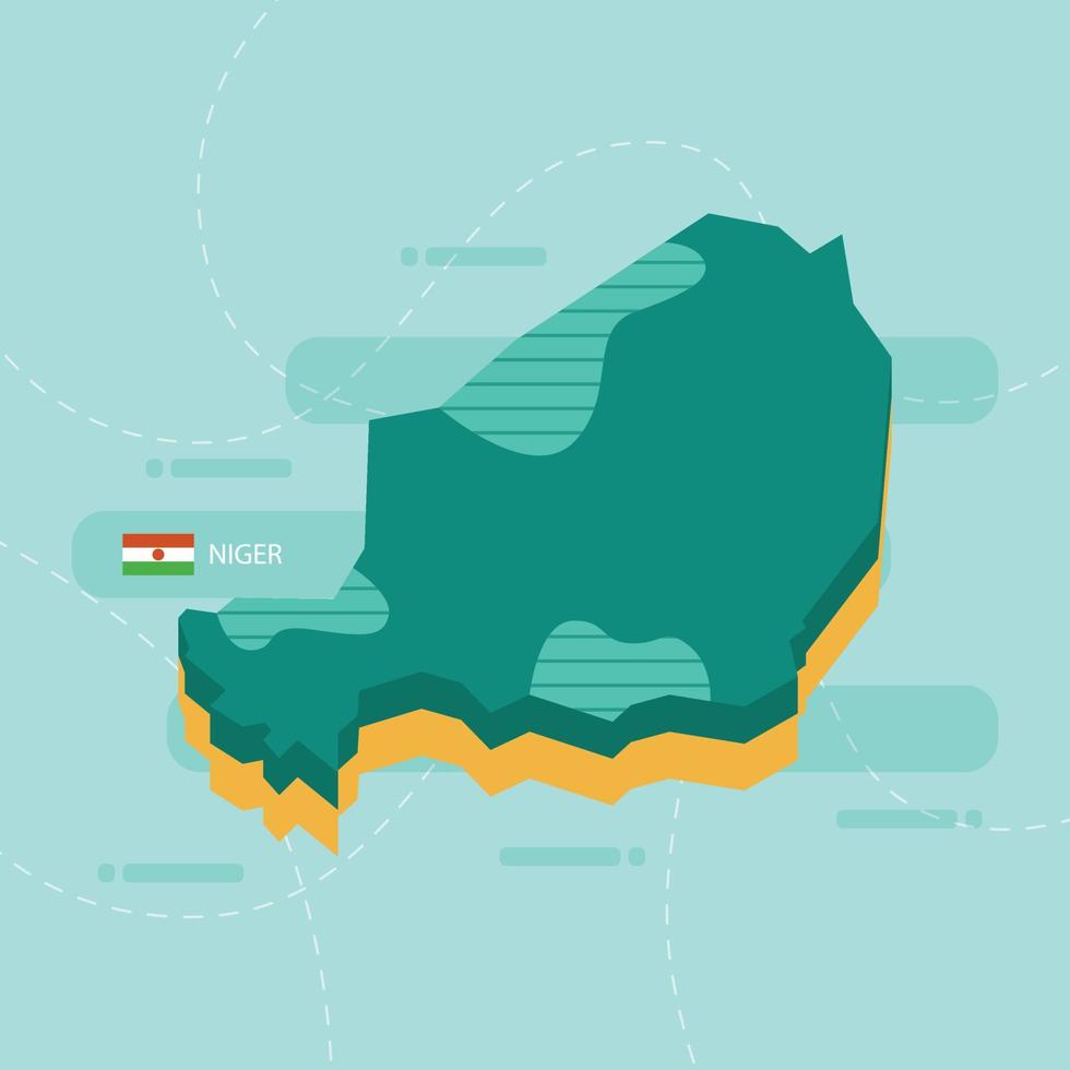 3d vector map of Niger with name and flag of country on light green background and dash.