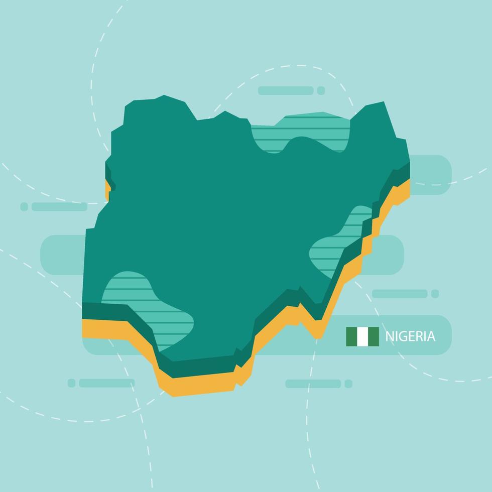 Mapa vectorial 3d de nigeria con nombre y bandera del país sobre fondo verde claro y guion. vector