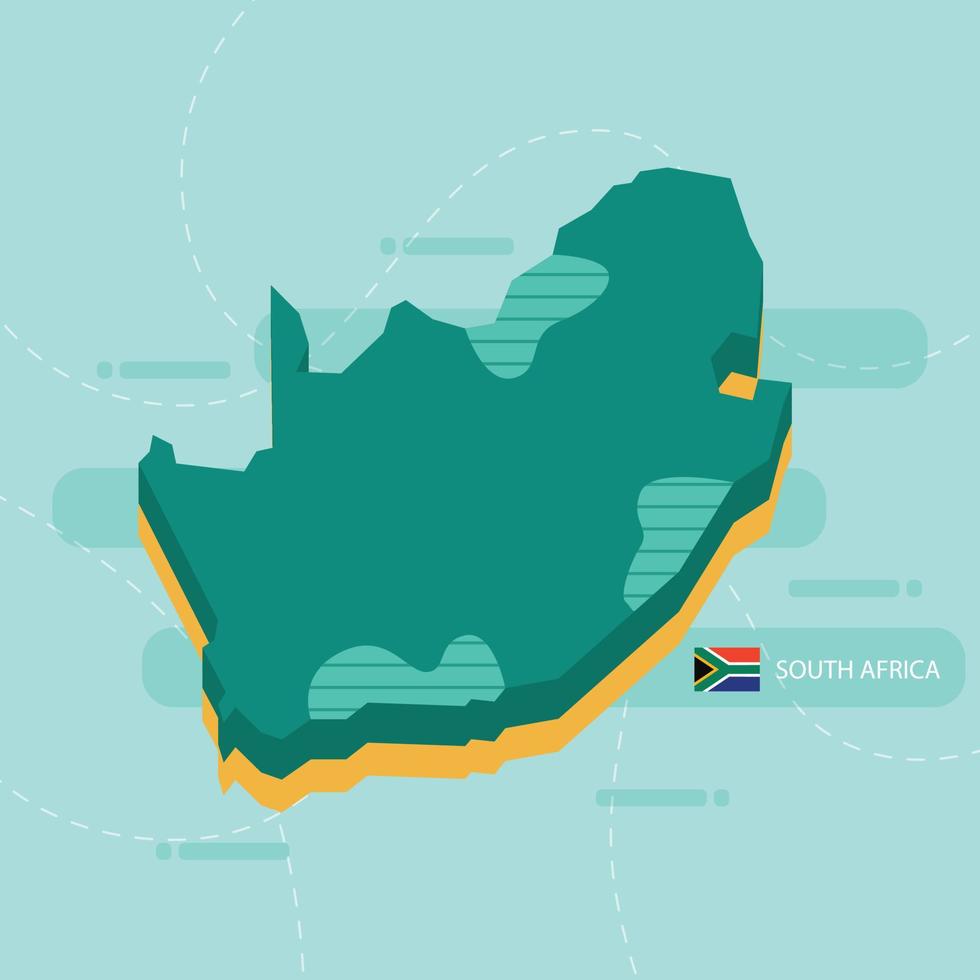 3d vector map of South Africa with name and flag of country on light green background and dash.