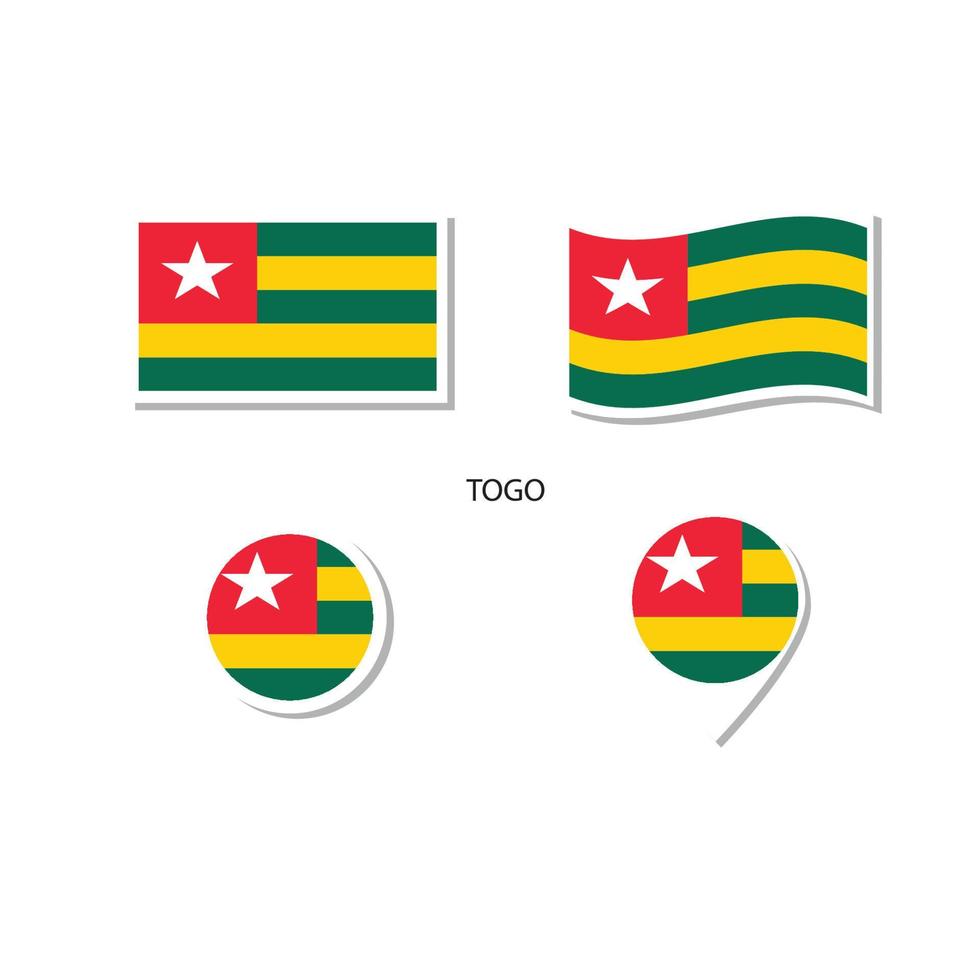 conjunto de iconos del logotipo de la bandera togo, iconos planos rectangulares, forma circular, marcador con banderas. vector