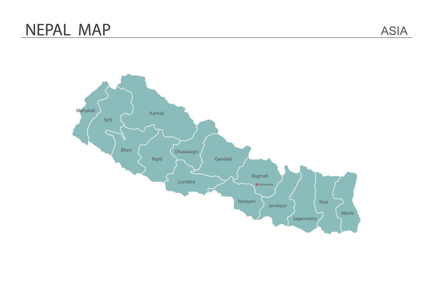 Ilustración de vector de mapa de nepal sobre fondo blanco. el mapa tiene toda la provincia y marca la ciudad capital de nepal.