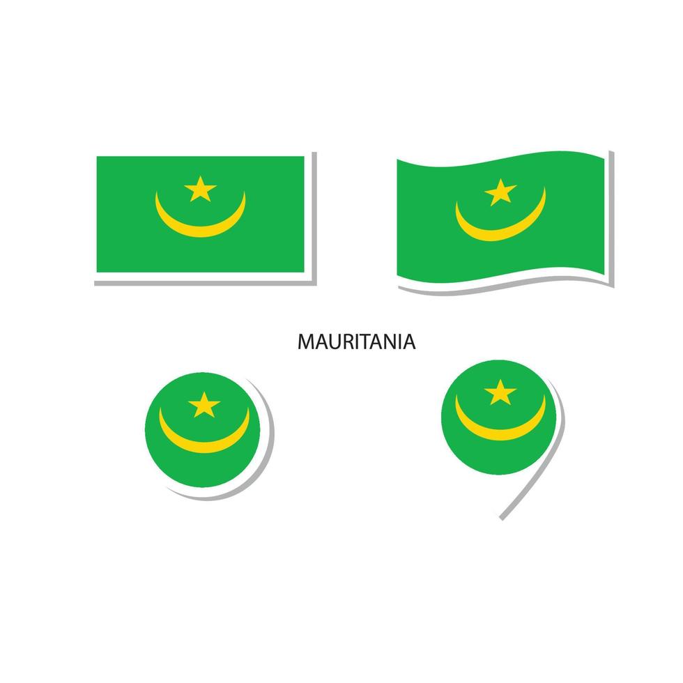 conjunto de iconos del logotipo de la bandera de mauritania, iconos planos rectangulares, forma circular, marcador con banderas. vector
