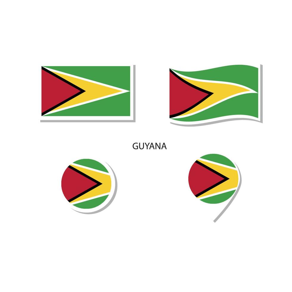 conjunto de iconos del logotipo de la bandera de guyana, iconos planos rectangulares, forma circular, marcador con banderas. vector