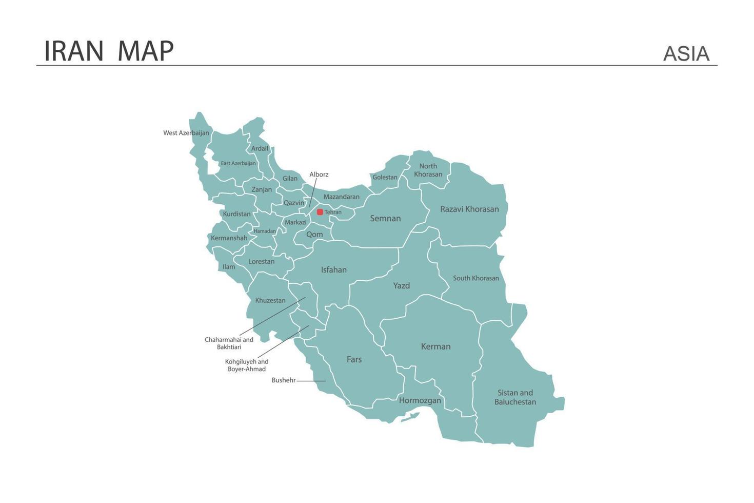 Irán mapa ilustración vectorial sobre fondo blanco. el mapa tiene toda la provincia y marca la ciudad capital de Irán. vector