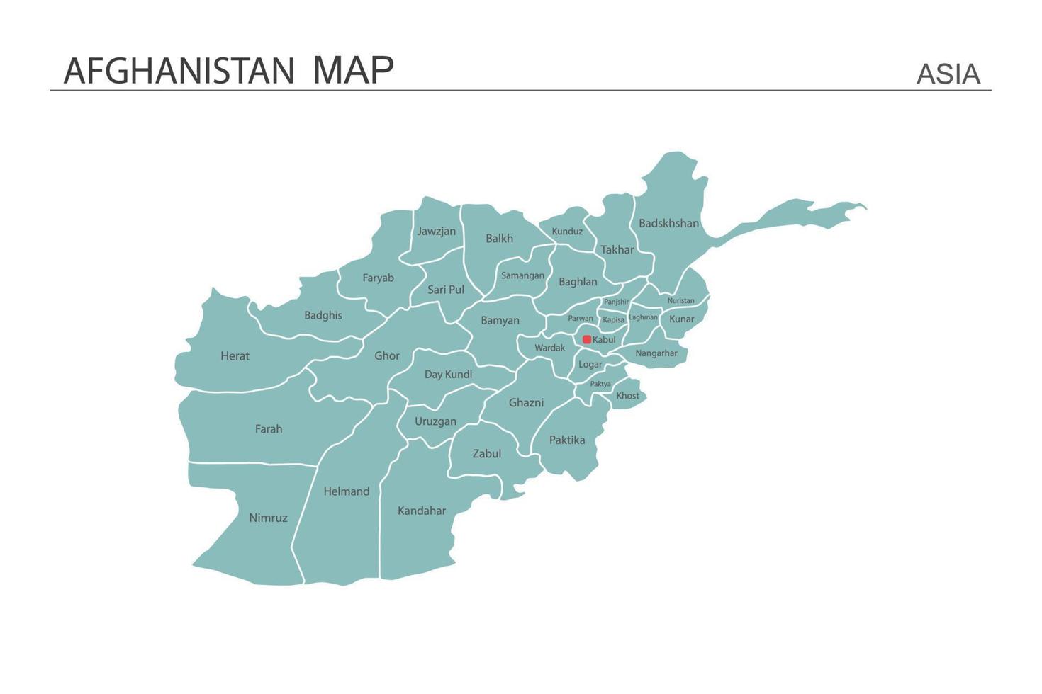 Ilustración de vector de mapa de afganistán sobre fondo blanco. el mapa tiene toda la provincia y marca la ciudad capital de afganistán.