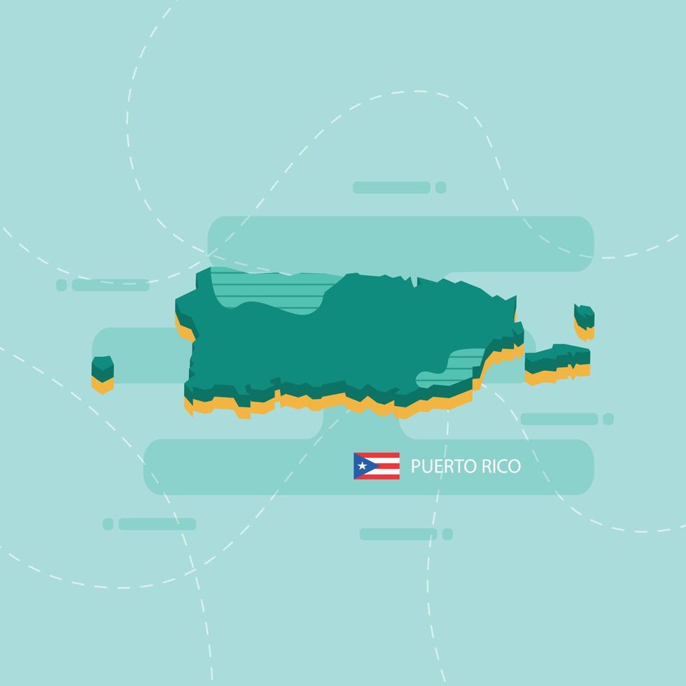 3d vector map of Puerto Rico with name and flag of country on light green background and dash.