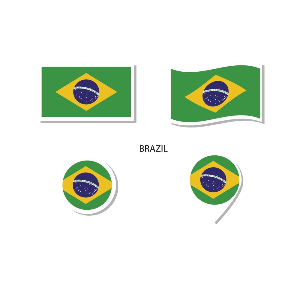 Conjunto de iconos del logotipo de la bandera de Brasil, iconos planos rectangulares, forma circular, marcador con banderas. vector