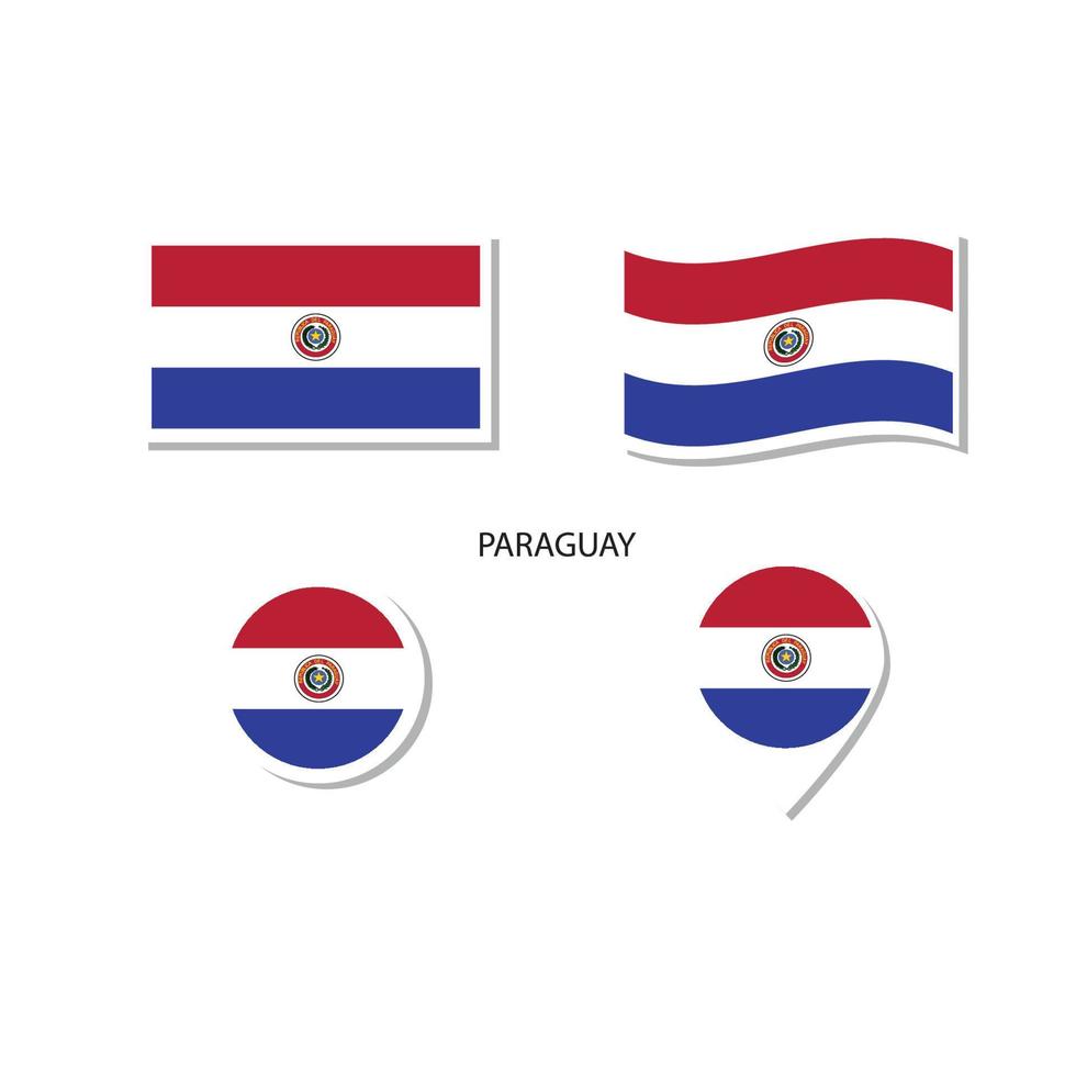 conjunto de iconos del logotipo de la bandera de paraguay, iconos planos rectangulares, forma circular, marcador con banderas. vector