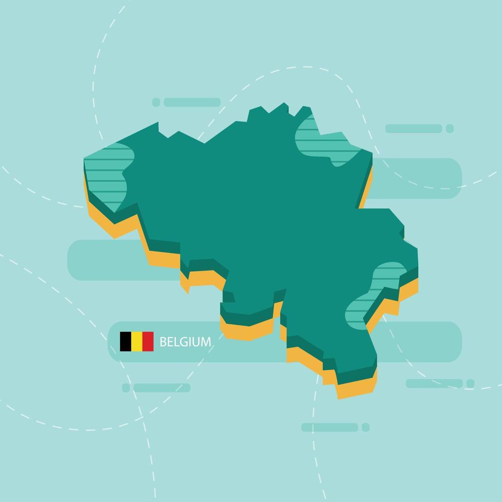 3d vector map of Belgium with name and flag of country on light green background and dash.