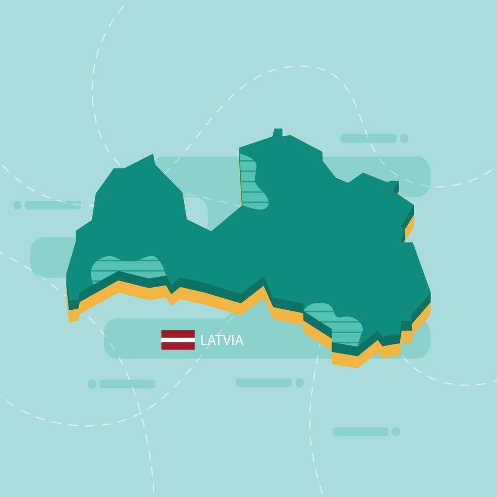 3d vector map of Latvia with name and flag of country on light green background and dash.