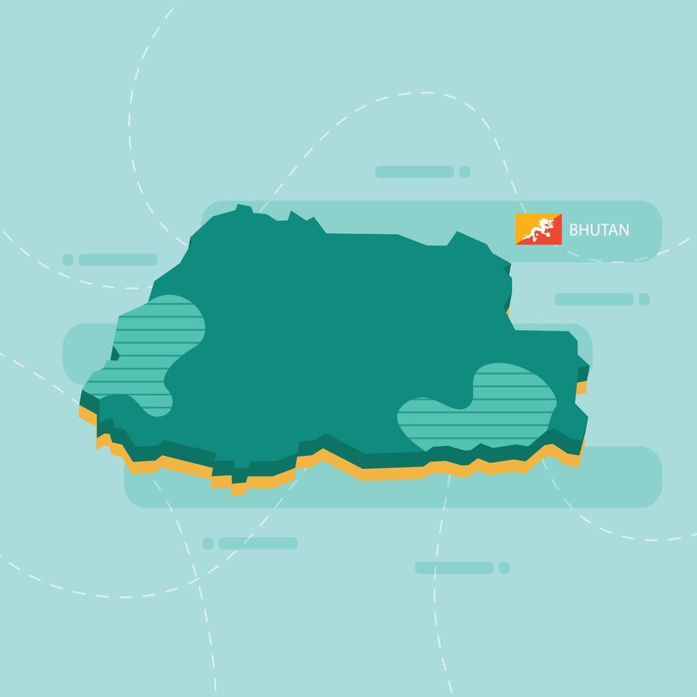 3d vector map of Bhutan with name and flag of country on light green background and dash.