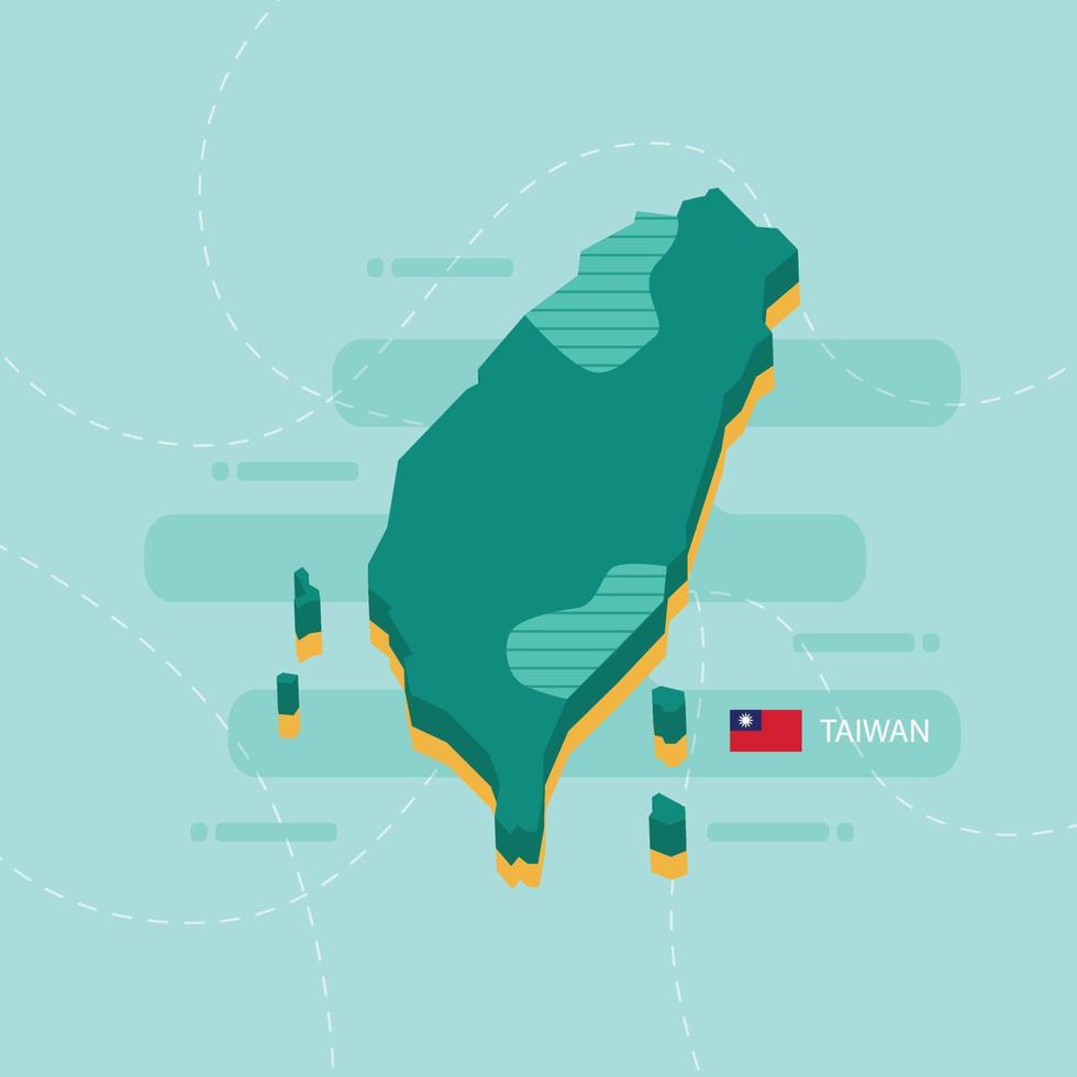 3d vector map of Taiwan with name and flag of country on light green background and dash.