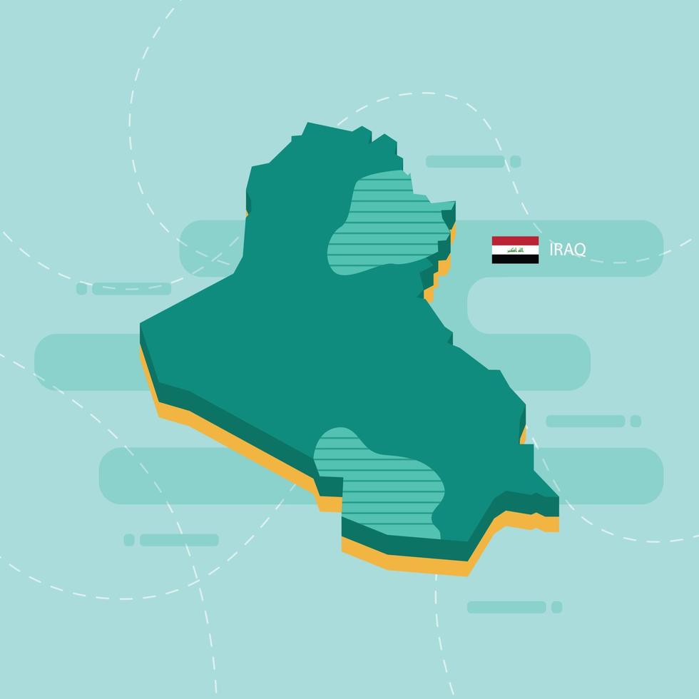 3d vector map of Iraq with name and flag of country on light green background and dash.