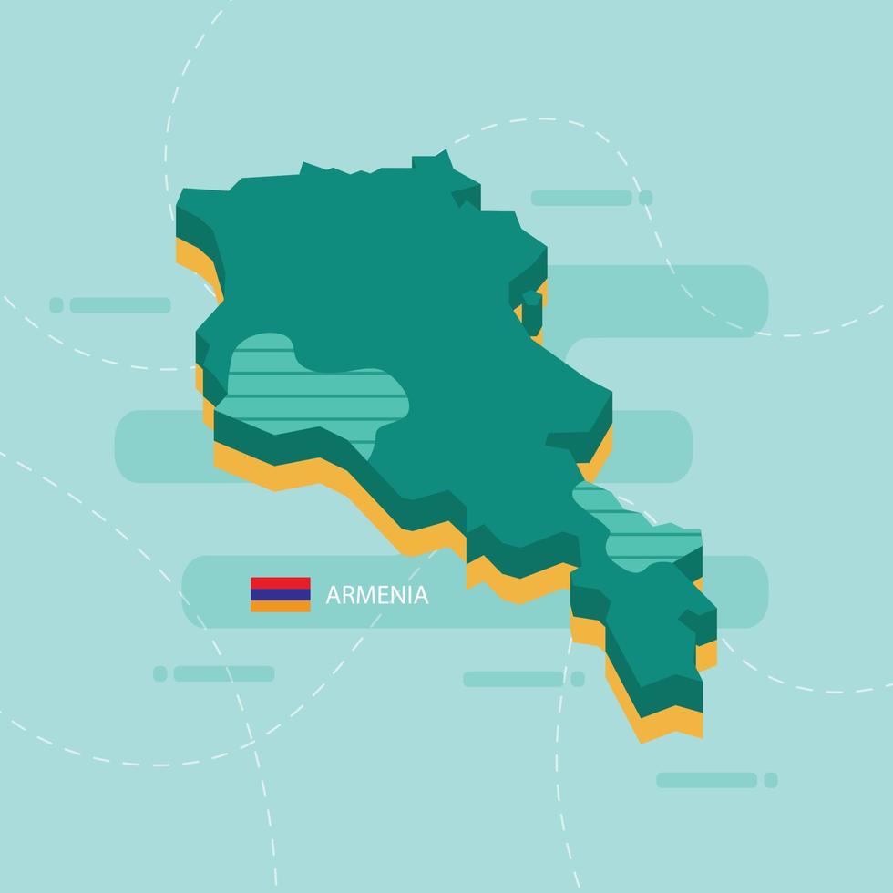 3d vector map of Armenia with name and flag of country on light green background and dash.