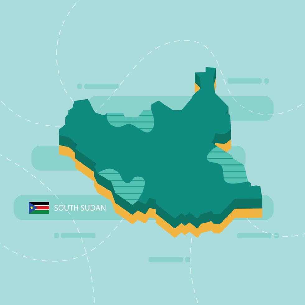 Mapa vectorial 3D de Sudán del Sur con nombre y bandera del país sobre fondo verde claro y guión. vector