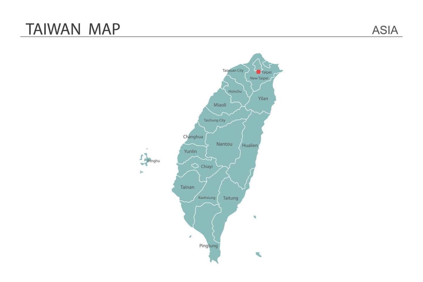 Ilustración de vector de mapa de Taiwán sobre fondo blanco. el mapa tiene toda la provincia y marca la ciudad capital de taiwán.