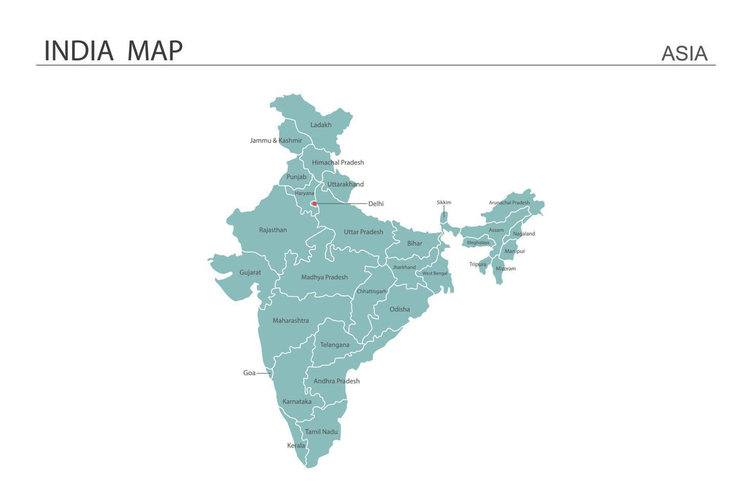 Ilustración de vector de mapa de India sobre fondo blanco. el mapa tiene toda la provincia y marca la ciudad capital de la india.