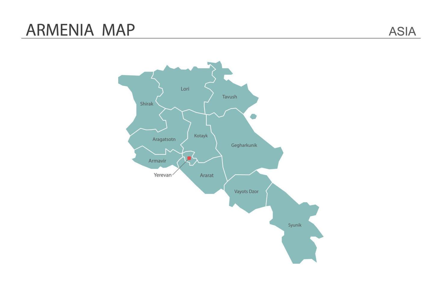 Ilustración de vector de mapa de armenia sobre fondo blanco. el mapa tiene toda la provincia y marca la ciudad capital de armenia.