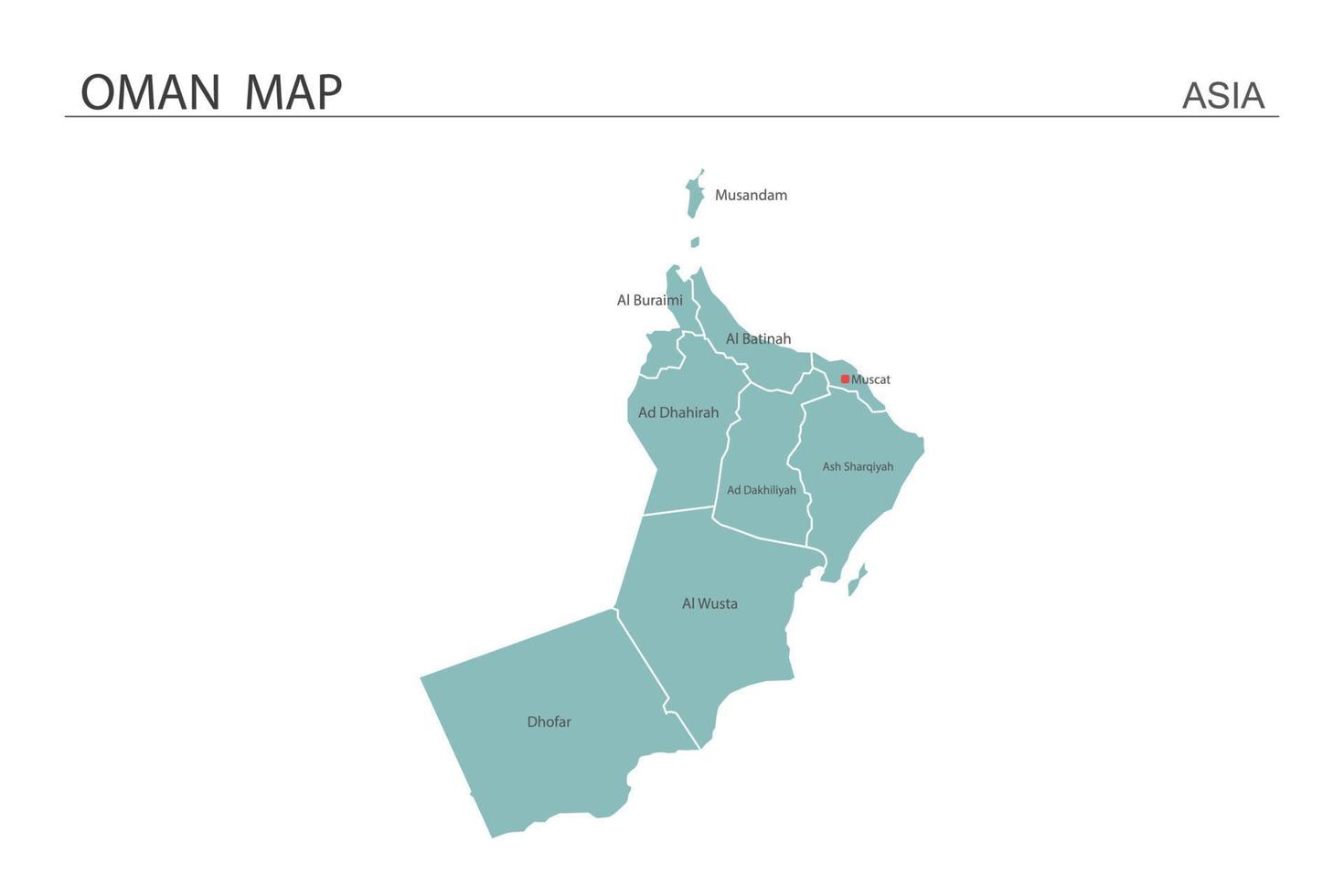 Ilustración de vector de mapa de Omán sobre fondo blanco. el mapa tiene toda la provincia y marca la ciudad capital de omán.