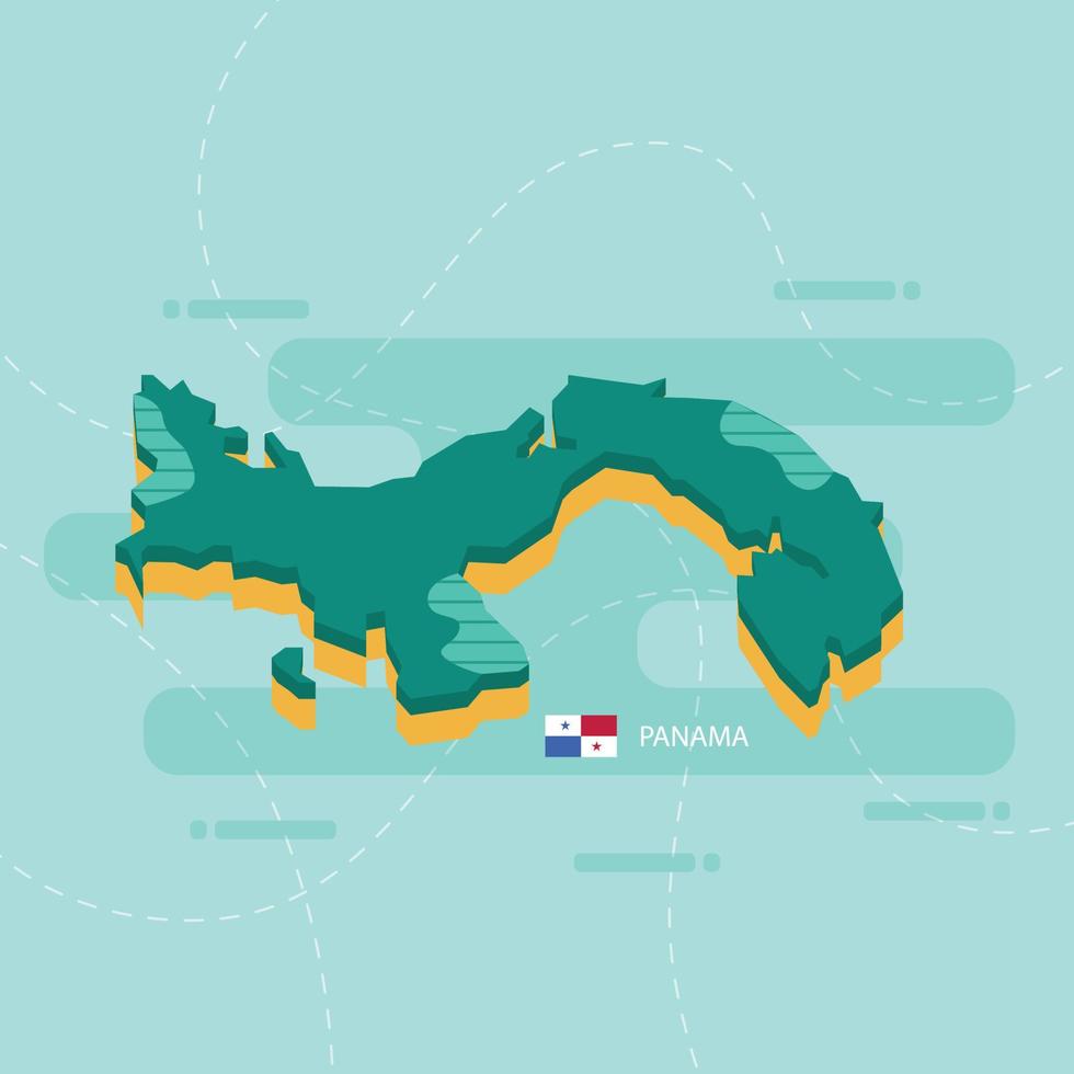 Mapa vectorial 3D de Panamá con nombre y bandera del país sobre fondo verde claro y guión. vector