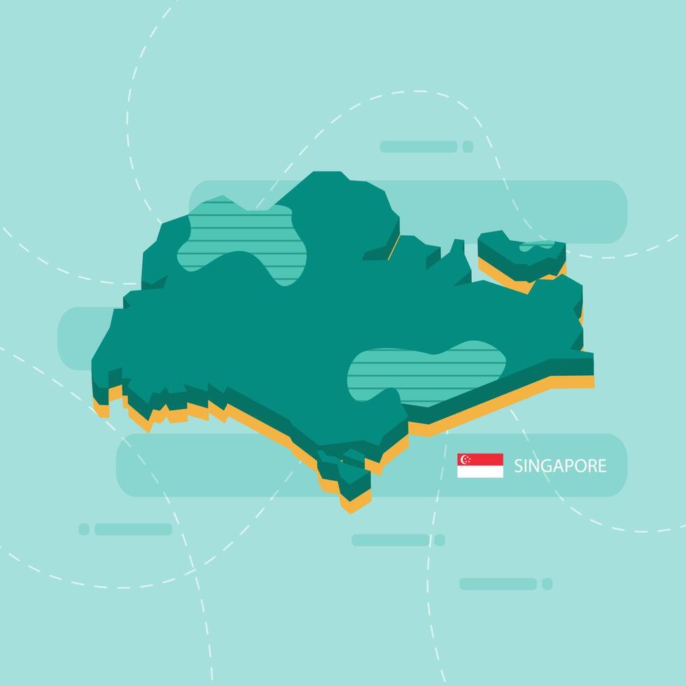 Mapa vectorial 3D de Singapur con nombre y bandera del país sobre fondo verde claro y guión. vector