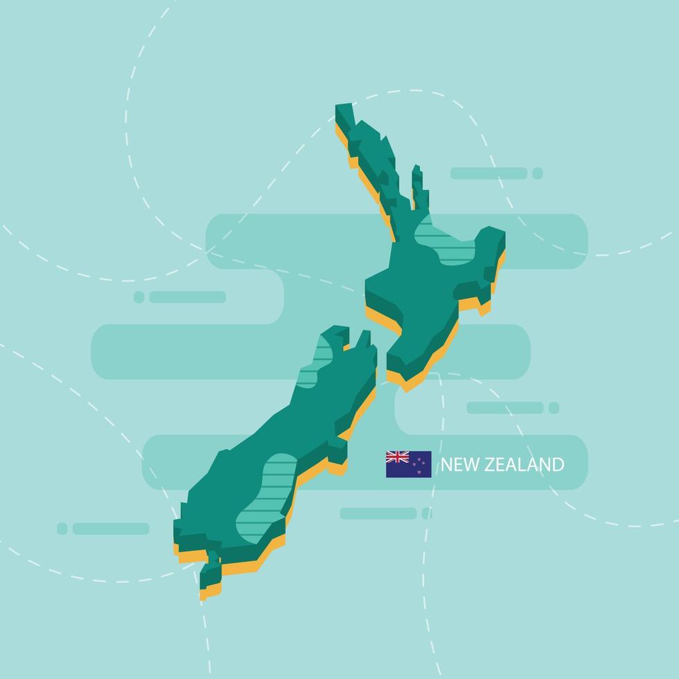 Mapa vectorial 3d de nueva zelanda con nombre y bandera del país sobre fondo verde claro y guion. vector