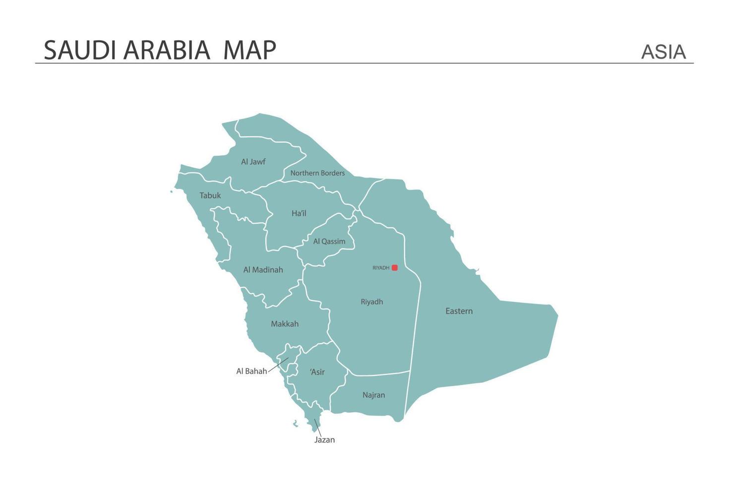 Ilustración de vector de mapa de Arabia Saudita sobre fondo blanco. el mapa tiene toda la provincia y marca la ciudad capital de arabia saudita.