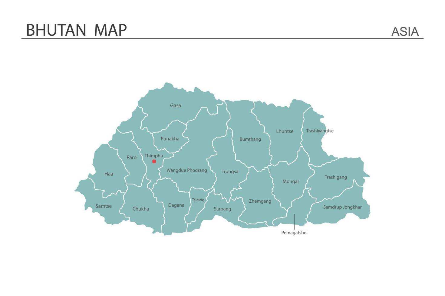 Bután mapa ilustración vectorial sobre fondo blanco. el mapa tiene toda la provincia y marca la ciudad capital de Bután. vector