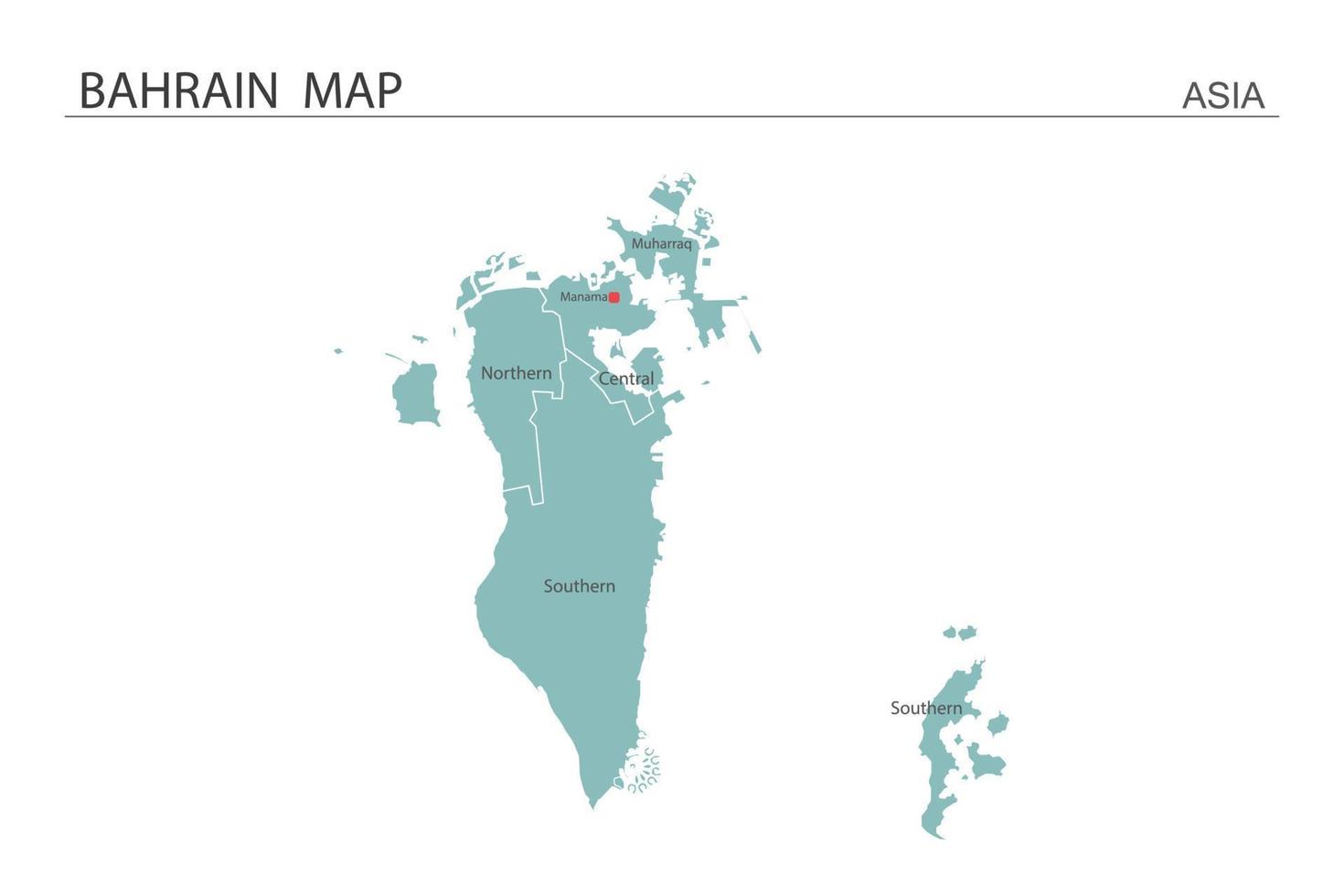 Ilustración de vector de mapa de Bahrein sobre fondo blanco. el mapa tiene toda la provincia y marca la ciudad capital de bahrein.