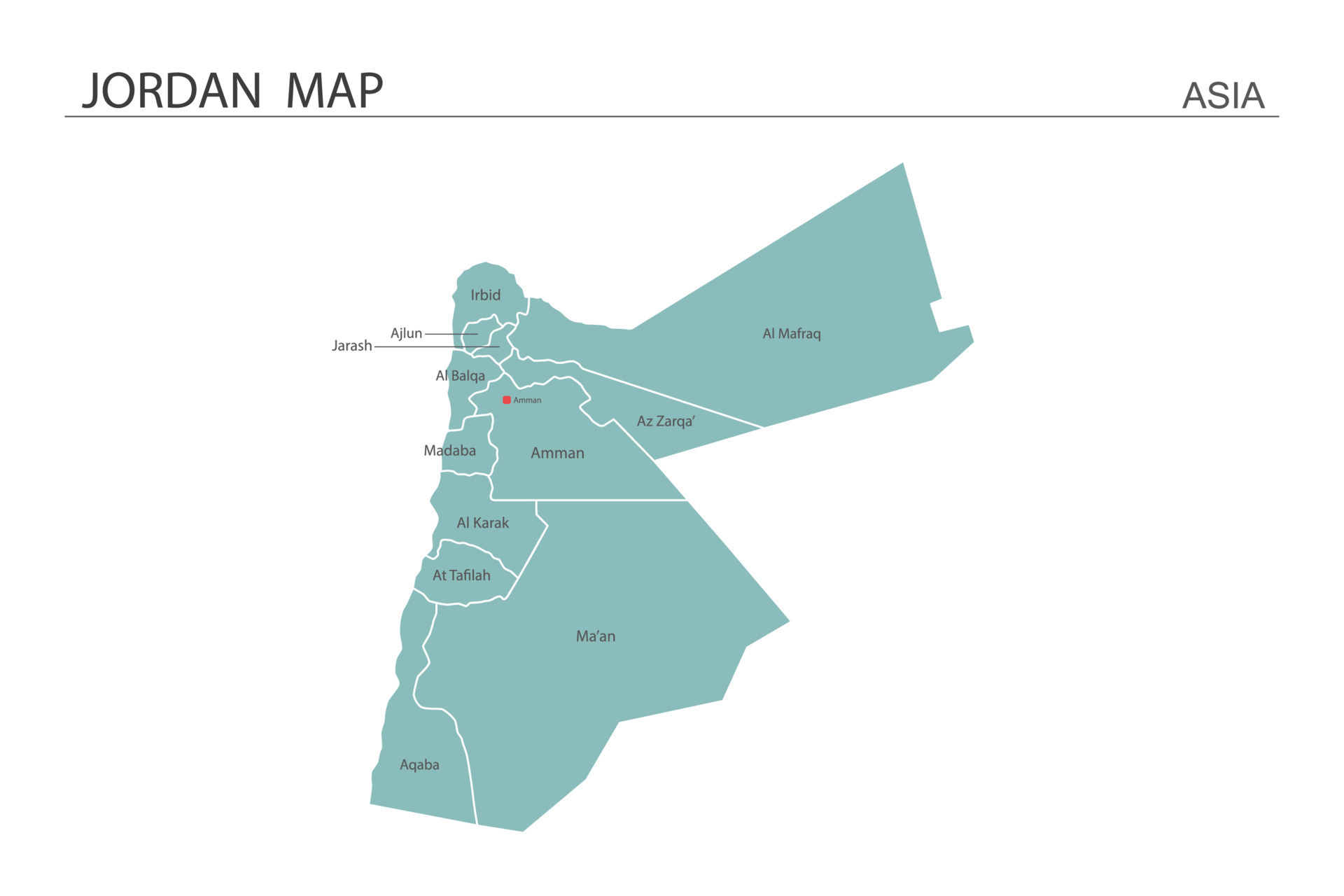 Jordan map vector illustration on white background. Map have all province and mark the capital