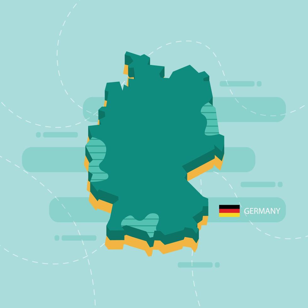 Mapa vectorial 3D de Alemania con nombre y bandera del país sobre fondo verde claro y guión. vector