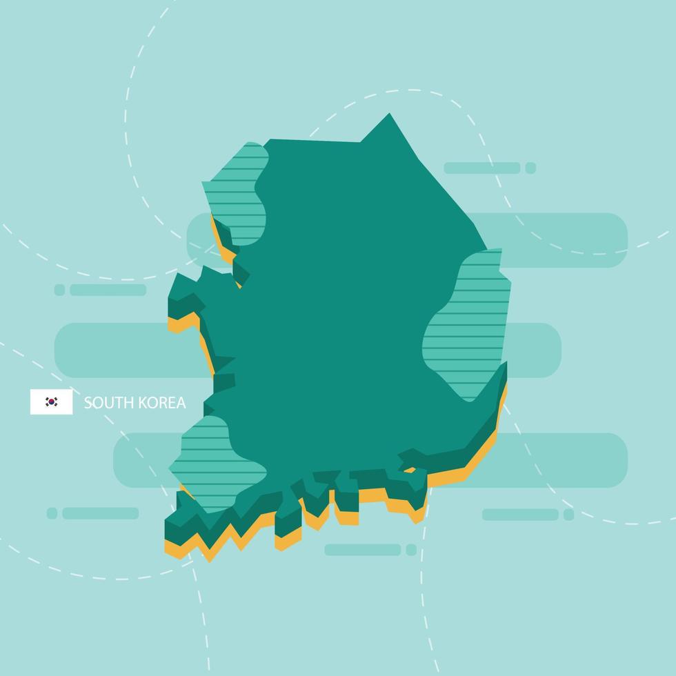 Mapa vectorial 3d de corea del sur con nombre y bandera del país sobre fondo verde claro y guion. vector