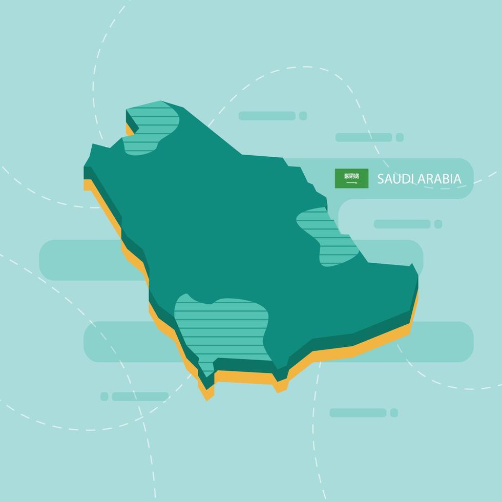 Mapa vectorial 3d de arabia saudita con nombre y bandera del país sobre fondo verde claro y guion. vector