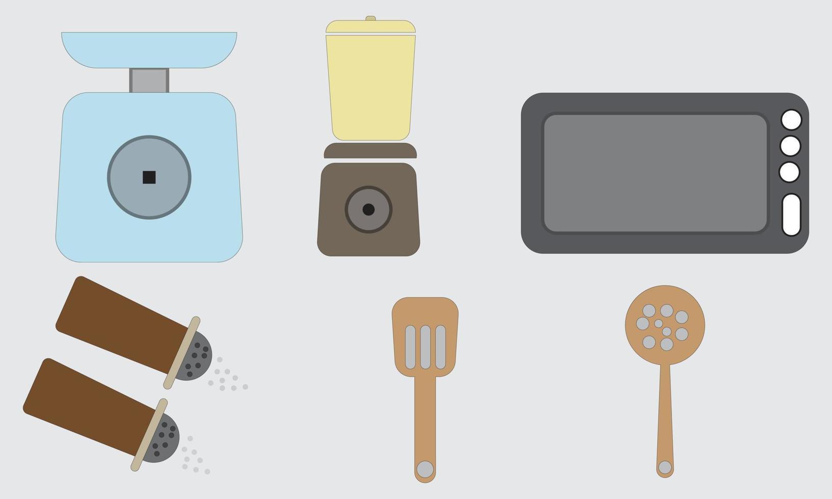 kitchen appliances kitchenware cookware vector illustration microwave, spatula, grinder salt mixer