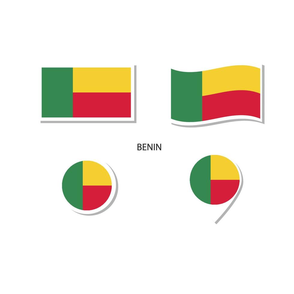 Benin flag logo icon set, rectangle flat icons, circular shape, marker with flags. vector
